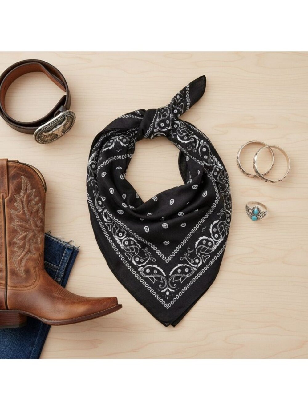 Black White Paisley Scarf Bandana 26x26 Western Wildrag - Picture 5 of 8